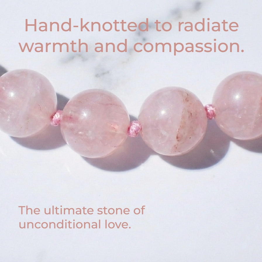 Discover the Rose Quartz Kind Stone. A premium 6mm hand-knotted bracelet for unconditional love, emotional healing, and inner radiance. Find your perfect fit.